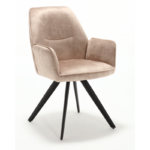 De Eetkamerstoel Nova Beige is een moderne fauteuil met een lichtbeige, fluweelachtige zitting en rugleuning, aangevuld met zwarte, gehoekte metalen poten.