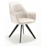 De Eetkamerstoel Nova | Champagne is een moderne fauteuil met champagnekleurige bekleding, zacht gewatteerde zitting en rugleuning en zwarte gehoekte metalen poten, tegen een effen witte achtergrond.