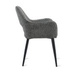 De Eetkamerstoel Ray - Antraciet is een moderne fauteuil met gestructureerde grijze stof, een gebogen rugleuning en zitting, en slanke schuine zwarte poten voor een eigentijdse look, getoond in zijaanzicht.