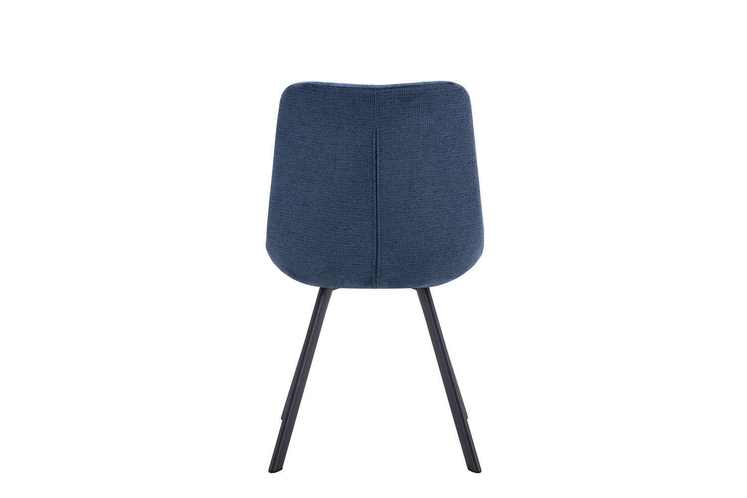 De Stoel 'Lizzy' Stof Ote Share 315 Blauw heeft een blauw gestoffeerde rugleuning en zitting, zwarte gehoekte metalen poten en een minimalistisch ontwerp. Verkocht per set van 2 per doos, van achteren tegen een witte achtergrond.