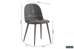 De Stoel 'Jasmin' Zitting PP kussen PU Grijs (2 per doos) is een moderne donkergrijze stoel met vier slanke poten van 80,5 cm hoog, 48,5 cm zithoogte, 52 cm breed en 47 cm diep. De afmetingen zijn duidelijk aangegeven in centimeters.