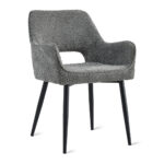 De Eetkamerstoel Ray - Antraciet is een moderne fauteuil met grijs gestructureerde bekleding, een open onderrug en vier zwarte taps toelopende poten.