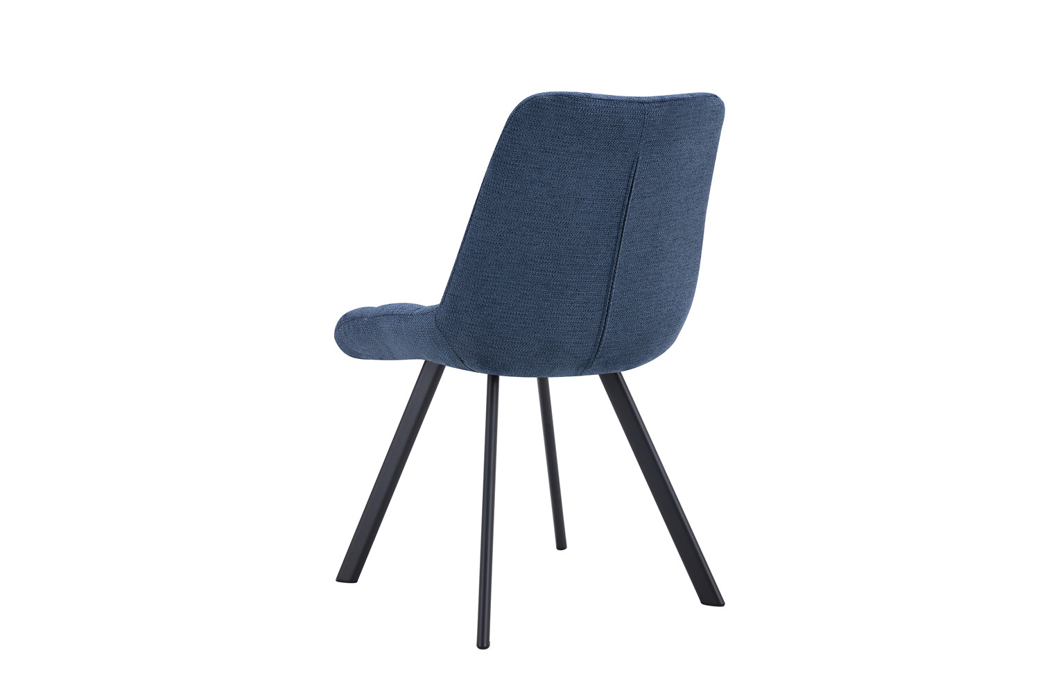 Stoel 'Lizzy' Stof Ote Share 315 Blauw: een moderne stoel met een gebogen blauwe stoffen rugleuning en zwarte metalen poten, van achteren gezien tegen een witte achtergrond. (Set van 2 per doos).