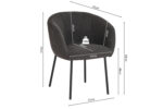 De SALE - Eetkamerstoel 'Sevilla' Bouclé Grijs (2 per doos) is een donkergrijze stoffen fauteuil met vier zwarte poten, afmeting 62x68x57cm, zitting: 45x44cm, rugleuning: 34cm, armleuning: 24cm, zithoogte: 48cm. Max gewicht: 130kg.