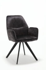 De Eetkamerstoel Nova | Antraciet is een moderne fauteuil met antracietkleurige bekleding en schuine zwarte metalen poten tegen een effen witte achtergrond.