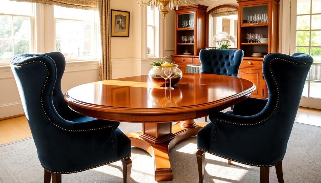 A beautifully appointed dining room with a polished wood table surrounded by four plush, jewel-toned velvet armchairs. The table is crafted from rich, warm-toned hardwood, its surface reflecting the soft lighting overhead. The chairs have a classic, elegant silhouette, their velvet upholstery in a deep, sumptuous hue that complements the table's finish. Large windows let in natural light, casting a warm glow on the scene. The overall atmosphere is one of sophistication and timeless style, creating the perfect setting for leisurely meals and lively conversations.