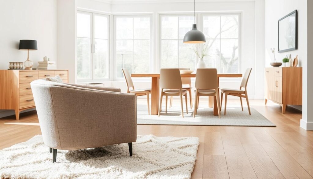 A bright and airy interior scene featuring a modern, minimalist dining room set from Beste Keuze Meubels. In the foreground, a sleek, upholstered Teddy Bouclé armchair in a neutral tone sits atop a plush, textured rug. The middle ground showcases a rectangular dining table with clean lines and a natural wood finish, surrounded by matching chairs. The background features large windows, allowing ample natural light to flood the space and highlighting the high-quality craftsmanship of the furniture. An air of sophistication and comfort permeates the scene, creating a welcoming atmosphere perfect for everyday dining or special gatherings.