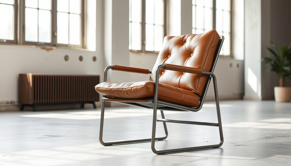 A cognac-colored industrial chair with a sturdy metal frame and a sleek, minimalist design. The chair is positioned in a well-lit, airy room with large windows, allowing natural light to stream in and cast a warm, inviting glow. The chair's leather upholstery has a distressed, vintage-inspired look, adding to its industrial charm. The chair is set against a neutral backdrop, allowing it to take center stage and seamlessly blend with various interior styles, from modern to rustic. The overall scene conveys a sense of effortless sophistication and timeless appeal, perfectly suited for the "Passend bij diverse interieurstijlen" section of the article.