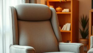 A comfortable, high-backed chair with sturdy armrests, designed for the needs of senior citizens. The chair is upholstered in a soft, neutral-toned fabric, with gentle contours that provide excellent lumbar and neck support. The armrests are at a height that allows for easy in-and-out movements, and the seat is slightly elevated to facilitate standing. The chair is set against a warm, inviting backdrop, perhaps a cozy living room or study, with subtle lighting that casts a gentle glow and creates a sense of tranquility and relaxation. The overall composition conveys a sense of comfort, security, and thoughtful design tailored to the unique requirements of the elderly.