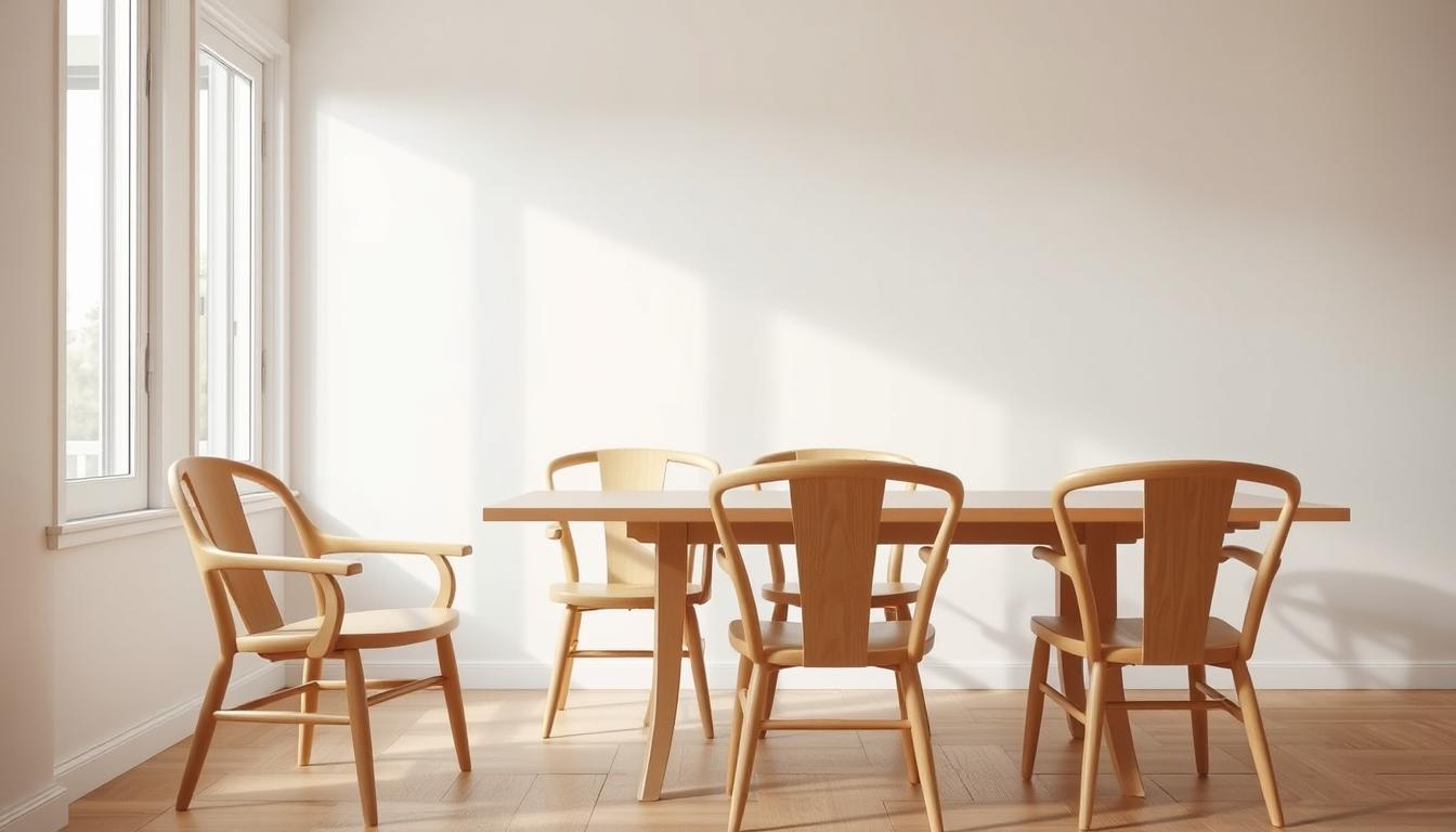 A cozy Scandinavian-style dining room setting with a group of four light-colored wooden chairs with simple, minimalist designs. The chairs feature clean lines, curved armrests, and natural wood textures. The room is well-lit with soft, diffused natural light from large windows, creating a warm, inviting atmosphere. The background showcases a plain, light-colored wall, allowing the chairs to take center stage. The overall aesthetic is one of understated elegance and functional simplicity, reflecting the hallmarks of Scandinavian design.