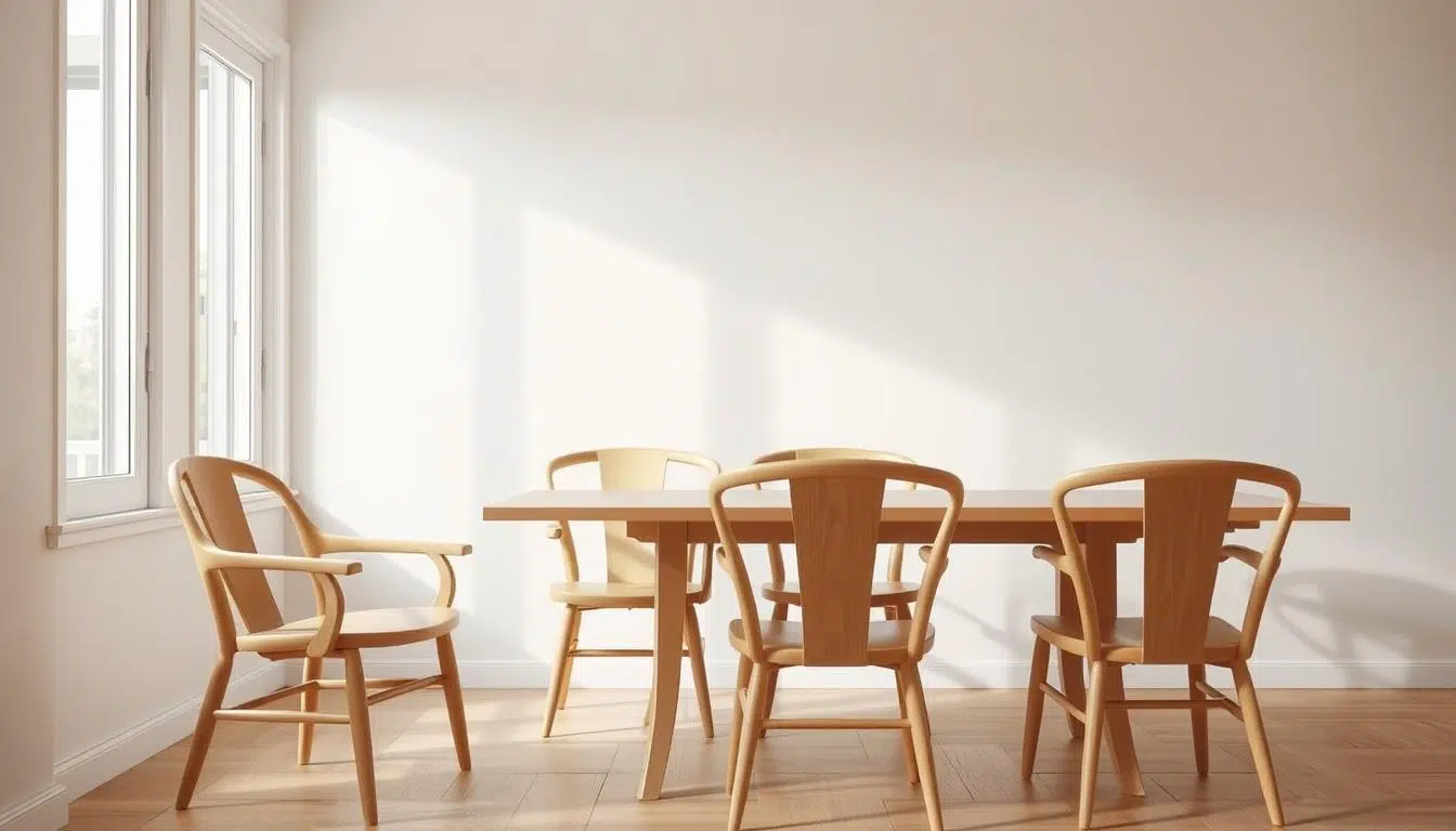 A cozy Scandinavian-style dining room setting with a group of four light-colored wooden chairs with simple, minimalist designs. The chairs feature clean lines, curved armrests, and natural wood textures. The room is well-lit with soft, diffused natural light from large windows, creating a warm, inviting atmosphere. The background showcases a plain, light-colored wall, allowing the chairs to take center stage. The overall aesthetic is one of understated elegance and functional simplicity, reflecting the hallmarks of Scandinavian design.