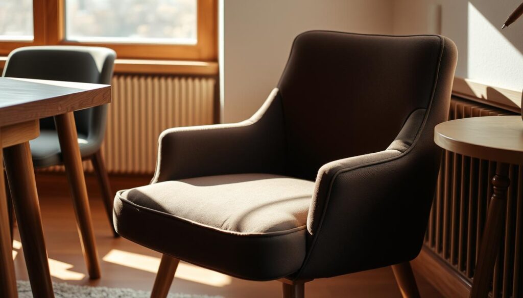 A cozy and inviting Nieuwe Sfeer eetkamerstoel sits in a warm, naturally lit room. The chair's deep brown fabric upholstery complements the surrounding wooden furniture and neutral tones, creating a harmonious and sophisticated ambiance. The chair's plush cushions and ergonomic design promise both comfort and style, ideal for leisurely dining or intimate conversations. Soft shadows from the natural lighting gently accentuate the chair's form, adding depth and dimension to the scene. This eetkamerstoel exudes a sense of timeless elegance and understated luxury, perfectly suited for the &quot;Waarom kiezen voor een eetkamerstoel van bruin stof?&quot; section of the article.