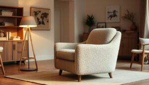 A cozy and inviting bouclé armchair in a warm, well-lit eetkamer (dining room). The chair's plush, textured upholstery in a neutral tone blends seamlessly with the surrounding wooden furniture and accents. Soft, diffused lighting from a nearby floor lamp creates a comfortable, intimate atmosphere, highlighting the chair's elegant, curved silhouette. The arrangement suggests a tranquil, refined space perfect for leisurely dining or relaxation. The scene evokes a sense of modern, Scandinavian-inspired style and premium quality.