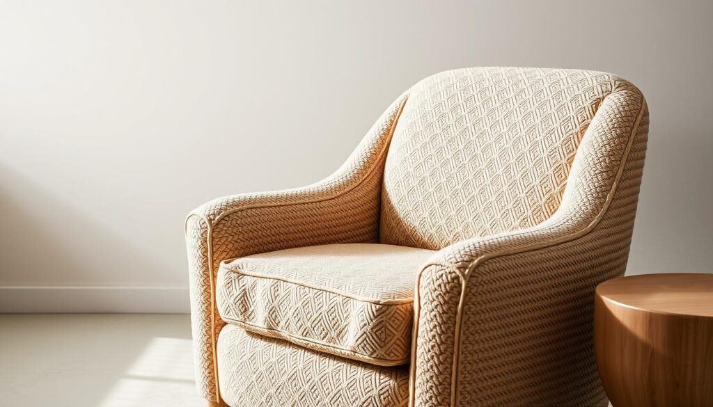 A cozy and inviting bouclé armchair, its plush, textured upholstery in a warm beige hue, set against a minimalist backdrop. Soft, indirect lighting bathes the scene, creating a relaxing and comfortable ambiance. The chair's ergonomic design and deep, enveloping seat cushion suggest exceptional support and cradling comfort. A sense of quiet sophistication and timeless elegance permeates the image, inviting the viewer to imagine sinking into the chair's embrace. The overall scene conveys the comfort and functionality that exemplify the allure of bouclé seating.