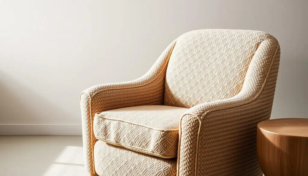A cozy and inviting bouclé armchair, its plush, textured upholstery in a warm beige hue, set against a minimalist backdrop. Soft, indirect lighting bathes the scene, creating a relaxing and comfortable ambiance. The chair's ergonomic design and deep, enveloping seat cushion suggest exceptional support and cradling comfort. A sense of quiet sophistication and timeless elegance permeates the image, inviting the viewer to imagine sinking into the chair's embrace. The overall scene conveys the comfort and functionality that exemplify the allure of bouclé seating.