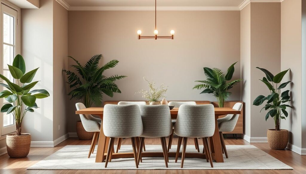 A cozy and inviting dining room interior, filled with the warm texture of bouclé fabric. In the foreground, a set of elegant bouclé dining chairs surround a modern, minimalist wooden table, bathed in soft, diffused lighting. The middle ground features a statement light fixture, casting a gentle glow over the scene. In the background, a neutral-toned wall serves as a calming backdrop, complemented by lush, verdant plants that add a touch of natural vibrancy. The overall atmosphere is one of refined sophistication and comfortable elegance, perfectly capturing the essence of a dining space enhanced by the unique appeal of bouclé furnishings.