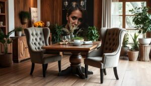A cozy and inviting dining room setting, featuring a pair of taupe velvet eetkamerstoelen. The chairs have a plush, high-backed design with tufted upholstery, creating a luxurious and comfortable seating experience. The chairs are positioned around a rustic wooden dining table, bathed in warm, soft lighting that casts a gentle glow. The room is adorned with natural elements, such as potted plants and a wooden accent wall, evoking a sense of organic harmony. The overall atmosphere is one of sophistication and relaxation, perfectly suited for intimate gatherings and family meals.