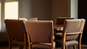 Een groep van vijf bruine eetkamerstoelen met armleuning omringt een houten tafel in een zacht verlichte kamer, zonlicht dat door het raam naar binnen schijnt en zachte schaduwen op de muur werpt.