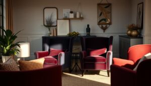 A cozy and inviting dining room setting with a central focus on a pair of elegant velvet armchairs in a rich, jewel-toned color. The chairs are positioned in a thoughtful arrangement, suggesting a conversation-friendly layout. Indirect lighting casts a warm, flattering glow, highlighting the sumptuous texture of the velvet upholstery. The background features a contemporary, minimalist decor with subtle accents that complement the velvet chairs, creating a harmonious and visually appealing scene. The overall atmosphere exudes comfort, sophistication, and a touch of luxury, perfectly capturing the essence of the "velvet eetkamerstoelen" being featured.