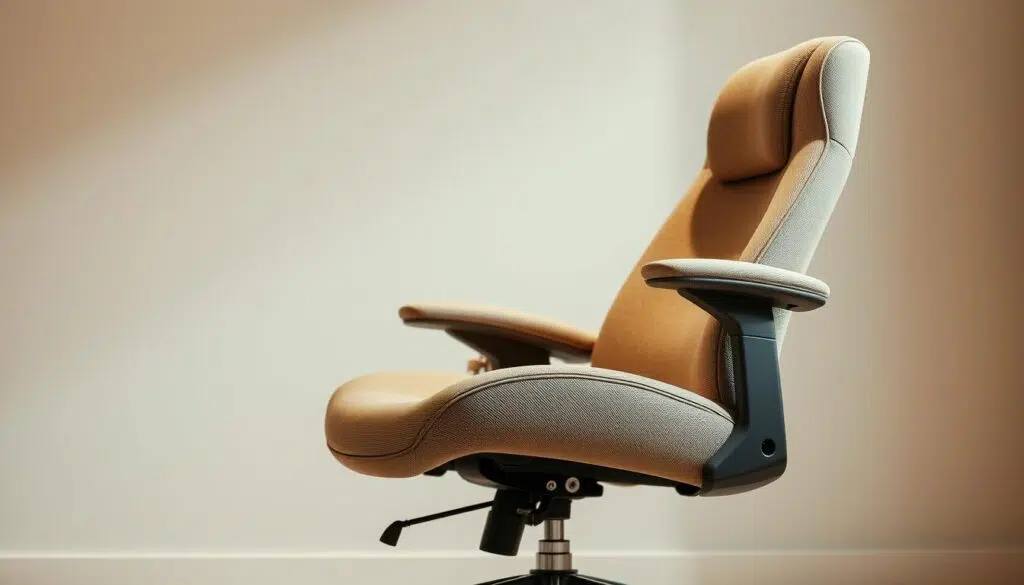 A cozy and inviting ergonomic office chair with adjustable features for elderly users. The chair has a high backrest with comfortable lumbar support, and generously padded armrests that can be raised or lowered to accommodate different body types. The seat cushion is deeply contoured and the entire chair is upholstered in a soft, neutral-toned fabric that radiates a sense of warmth and relaxation. Indirect lighting gently illuminates the scene, creating a calming atmosphere. The chair is positioned in a minimal, clutter-free environment, allowing the viewer to focus solely on its design and functionality.