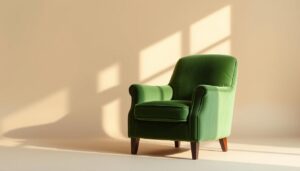A cozy and inviting green velvet armchair set against a neutral background, illuminated by warm, natural lighting that casts soft shadows and highlights the luxurious texture of the upholstery. The chair is positioned in the foreground, commanding attention, with a clean, minimalist design that complements the sophisticated yet comfortable aesthetic. The mid-ground features a simple, uncluttered setting, allowing the chair to be the focal point, while the background maintains a sense of depth and context, creating a balanced and visually appealing composition.