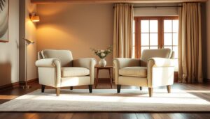 A cozy and inviting living room scene, featuring a pair of plush fauteuils upholstered in a soft, sandy-colored Stone Bouclé fabric. The chairs are positioned to face each other, creating an intimate conversation area. Warm, diffused lighting from overhead fixtures casts a golden glow, complementing the natural tones of the fabric. The fauteuils are placed atop a neutral-toned area rug, adding texture and depth to the scene. In the background, a minimalist wooden side table holds a simple vase of fresh flowers, while a large window floods the space with natural light, brightening the overall atmosphere. The overall mood is one of comfort, relaxation, and understated elegance.