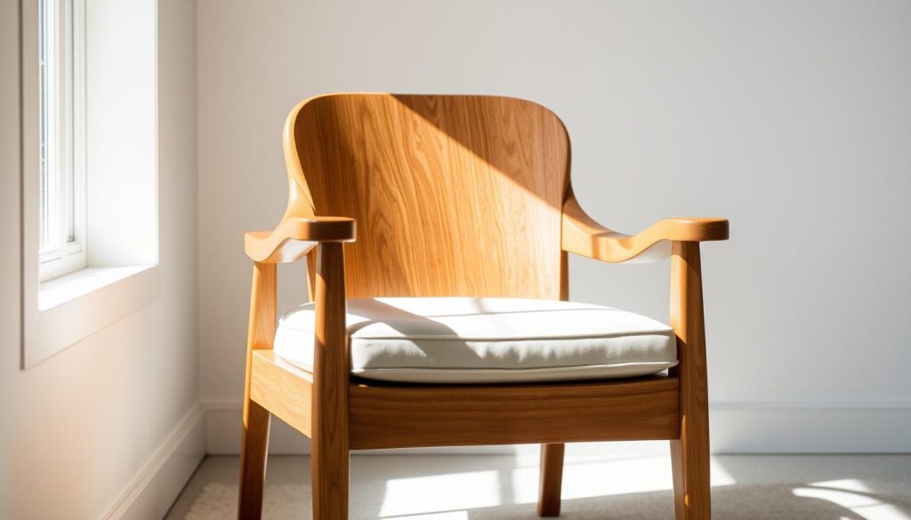 A cozy and inviting wooden armchair occupies the central focus of the image. The chair's smooth, curved backrest and padded seat cushion create an impression of comfort and relaxation. The armrests, crafted from the same warm-toned wood, provide a sturdy and ergonomic support for the user's arms. Soft, natural lighting from a nearby window bathes the chair in a gentle glow, highlighting the natural wood grain and lending an air of tranquility to the scene. The chair is positioned in a minimalist, clean-lined setting, allowing it to be the star of the composition. The overall atmosphere evokes a sense of comfort, functionality, and a refined, timeless aesthetic suitable for a modern dining room or living space.