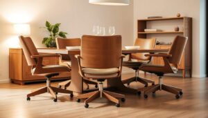 A cozy and modern dining room featuring a set of elegant dining chairs with wheeled bases and armrests. The chairs are crafted from a warm, natural wood and have a sleek, minimalist design. Soft, indirect lighting illuminates the space, creating a inviting and comfortable atmosphere. The chairs are positioned around a sturdy, rectangular dining table, ready to accommodate a relaxed and enjoyable meal. The overall scene conveys a sense of functionality, comfort, and sophistication, perfectly suited for the "Waarom eetkamerstoelen met wieltjes en armleuning ideaal zijn?" article section.