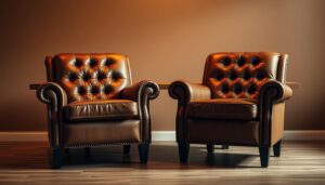 Twee cognacbruine leren fauteuils met getufte rugleuningen, sierstiksels en klassieke armleuningen staan naast elkaar op een houten vloer tegen een effen bruine muur, warm verlicht vanaf de zijkant.