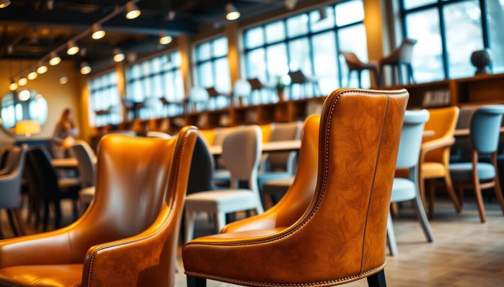 A cozy and well-lit eetkamerstoelen showroom, showcasing a variety of stylish dining chairs. In the foreground, several chairs in warm, cognac-colored leather are prominently displayed, their rich tones and elegant designs catching the eye. The middle ground features a range of other chairs in different materials and colors, allowing for easy price comparison. The background is softly blurred, creating a sense of depth and focus on the featured furniture. The lighting is warm and inviting, casting a gentle glow on the chairs and creating subtle shadows that add depth and dimension to the scene. The overall atmosphere conveys a sense of quality, attention to detail, and the opportunity to find the perfect dining chairs at the best possible price.