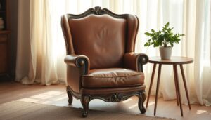 A cozy brocante antique chair with adjustable armrests, nestled in a warm, inviting room. Soft natural light filters through lace curtains, casting a gentle glow on the weathered wood and supple leather upholstery. The chair's ornate details and muted colors evoke a sense of timeless elegance, perfect for a vintage-inspired living space. A mid-century side table with a potted plant stands nearby, completing the charming, lived-in atmosphere. The composition emphasizes the chair's versatility and classic appeal, inviting the viewer to imagine themselves sinking into its comfortable embrace.