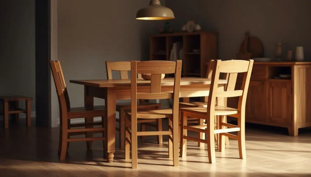 A cozy dining room scene with a modest wooden table surrounded by a set of simple, yet sturdy wooden chairs. The chairs have a rustic, natural finish, with clean lines and a minimalist design. Soft, warm lighting from a overhead pendant casts a gentle glow, accentuating the natural grain of the wood. The scene has a inviting, homely atmosphere, conveying a sense of quality and value without excess. The focus is on the functional, well-crafted chairs that would suit a budget-conscious household seeking a timeless, affordable seating solution for their dining area.