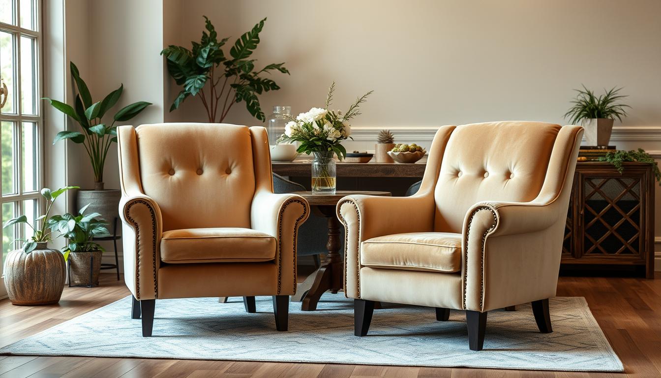 A cozy dining room scene with a pair of beige velvet upholstered armchairs positioned in a warm, inviting setting. The chairs feature a luxurious, high-quality velvet fabric with a soft, smooth texture that catches the light elegantly. The chairs are set against a backdrop of neutral toned walls, with a rustic wood table and potted plants adding natural elements to the space. The lighting is soft and diffused, creating a relaxing, intimate atmosphere perfect for enjoying a meal with family and friends. The overall composition emphasizes the comfort and sophistication of the beige velvet armchairs as the centerpiece of this welcoming interior.