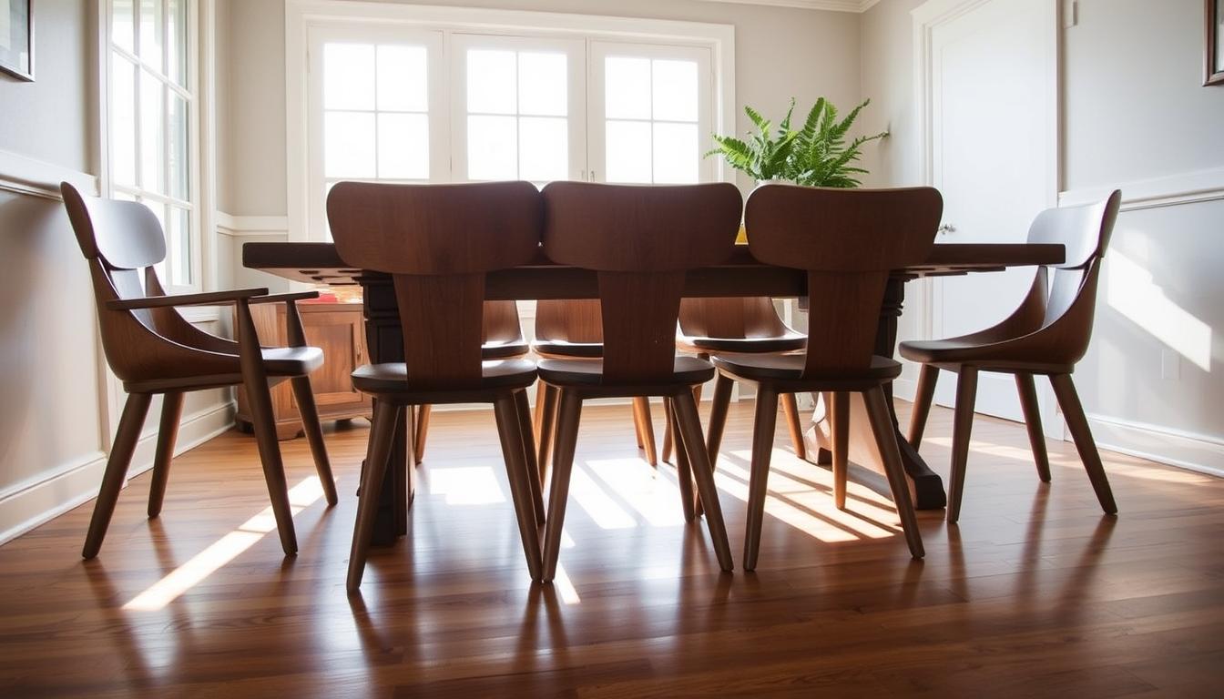 A cozy dining room setting featuring a group of well-crafted wooden dining chairs with sturdy, tapered legs and a warm, natural wood grain finish. The chairs are positioned around a rustic wooden dining table, casting soft shadows on the hardwood floor. Abundant natural light filters in through large windows, creating a bright and airy atmosphere. The scene exudes a sense of timeless elegance and understated sophistication, perfectly suited for the article's discussion on the benefits of choosing wooden dining chairs with wooden legs.