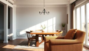 A cozy dining room setting, showcasing an elegant bouclé upholstered armchair in a warm, earthy tone. The chair is positioned in the foreground, illuminated by soft, natural light filtering through large windows, casting a serene and inviting ambiance. In the middle ground, a wooden dining table and additional matching chairs create a harmonious, cohesive look. The background features a minimalist, modern interior design with clean lines and neutral tones, allowing the focus to remain on the beautiful bouclé armchair as the centerpiece of the composition.