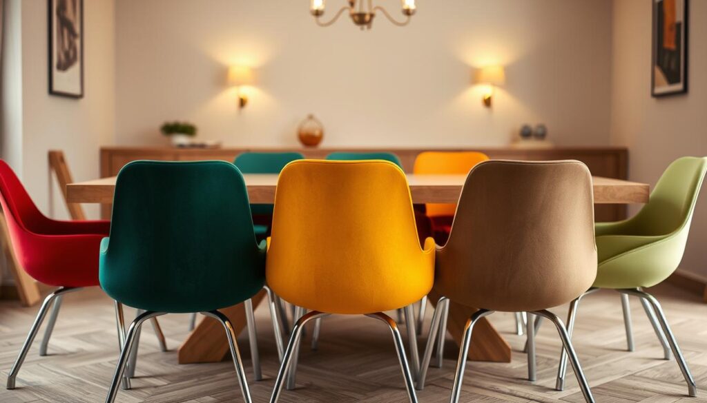 A cozy dining room setting with a vibrant array of colorful chairs. In the foreground, a group of modern, minimalist chairs in a range of hues including deep red, mustard yellow, forest green, and pastel blue. The chairs have a sleek, curved design and chrome legs, creating a cohesive and visually striking arrangement. In the middle ground, a wooden dining table with a simple, unadorned surface provides a neutral backdrop. The background features a warm, inviting atmosphere with soft, diffused lighting, perhaps from a chandelier or wall sconces, casting a gentle glow across the space. The overall scene conveys a sense of sophistication, comfort, and a touch of playfulness, perfectly suited for the "Kleuren en afwerkingen bij Nieuwe Sfeer" section of the article.