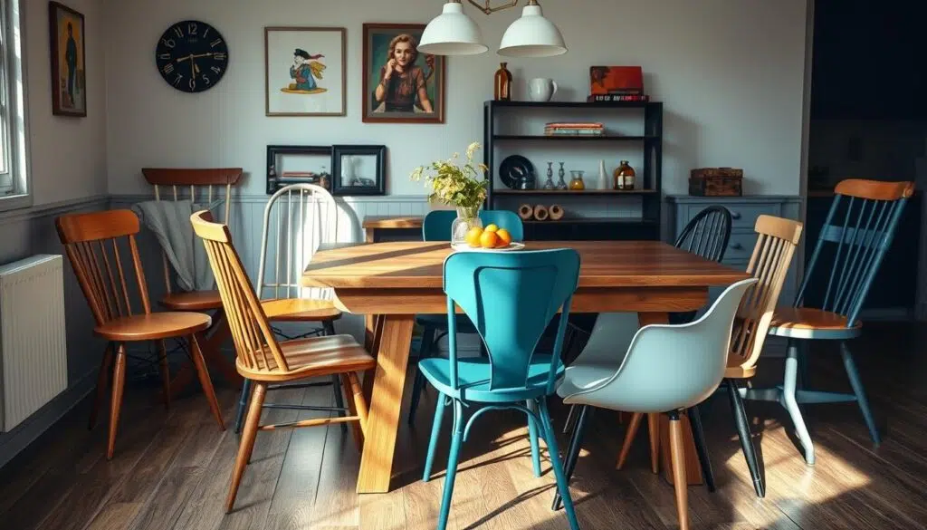 A cozy eetkamer with a mix of unique vintage-inspired dining chairs in various styles and colors, such as mid-century modern, Scandinavian, and industrial. The chairs are arranged around a rustic wooden table, creating a harmonious and eclectic atmosphere. Soft, directional lighting illuminates the scene, casting gentle shadows and highlighting the textures and details of the furniture. The overall composition conveys a sense of warmth, creativity, and a touch of whimsy, perfectly suited for a stylish and personalized dining space.