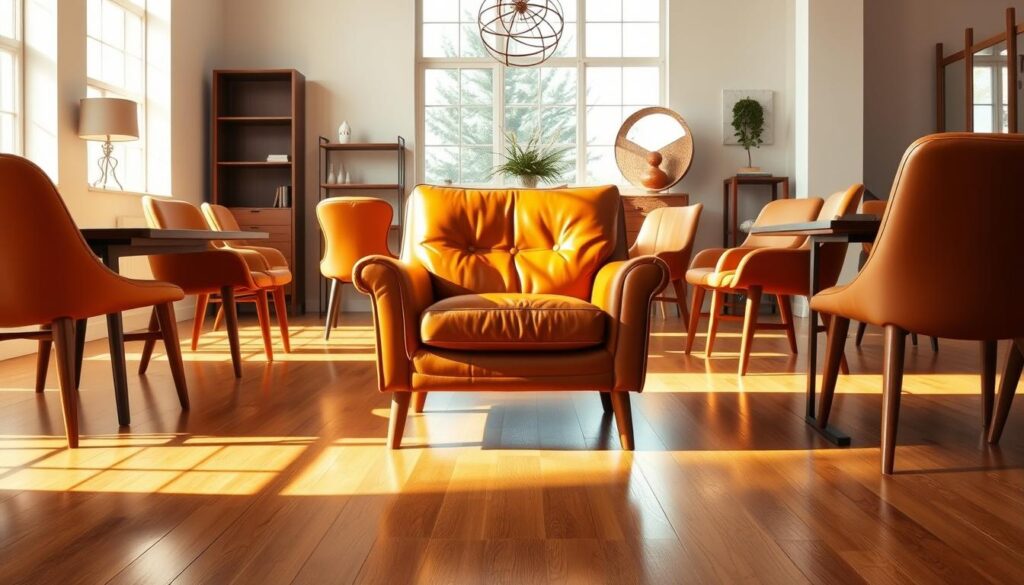 A cozy, inviting cognac-colored leather armchair sits prominently in the center of a well-lit, airy outlet showroom. Sunlight streams in through large windows, casting a warm glow on the chair's supple surface. Around it, other cognac-toned dining chairs are arranged in a harmonious display, showcasing their elegant, mid-century modern silhouettes. The background features minimalist white walls and gleaming hardwood floors, allowing the rich hues of the furniture to take center stage. The overall atmosphere conveys a sense of sophistication and comfort, enticing the viewer to imagine the chairs in their own dining space.
