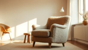 A cozy, inviting teddy boucle eetkamerstoel takes center stage in a warm, well-lit living space. The chair's plush, textured fabric in a neutral tone invites the viewer to sink in and relax. Soft lighting casts a gentle glow, creating a serene, calming atmosphere. The chair is positioned in the foreground, with a minimalist, Scandinavian-inspired interior serving as the backdrop, complete with clean lines and natural wood accents. The overall scene conveys a sense of comfort, hygge, and a desire to linger and savor the moment in this inviting, intimate setting.