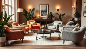A cozy living room scene featuring a collection of stylish Bouclé armchairs in various hues. The chairs are positioned around a low, modern coffee table, creating an inviting conversation area. Warm, soft lighting from a floor lamp and sconces casts a gentle glow, highlighting the intricate texture of the Bouclé upholstery. The room is decorated with lush potted plants, plush throws, and understated artwork, conveying a sense of relaxed sophistication. The overall atmosphere is one of comfort and elegance, perfectly capturing the essence of the popular Bouclé armchair styles.
