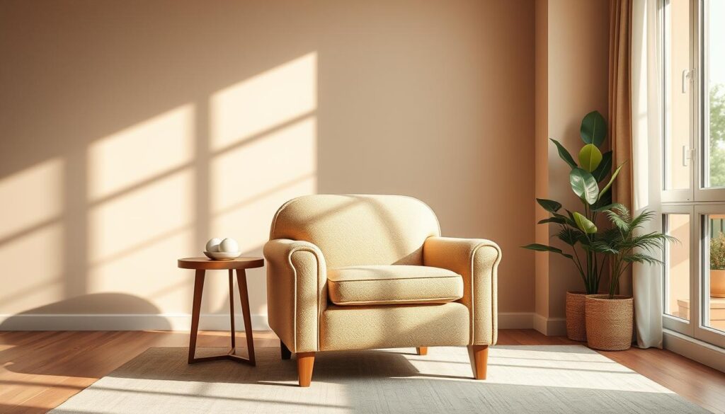 A cozy living room setting showcasing a stylish sand-colored armchair. The chair is positioned in the center, its plush stone bouclé upholstery inviting touch and relaxation. Warm, natural lighting from a large window bathes the scene, casting soft shadows and highlighting the chair's elegant curves. The background features a minimal, earthy-toned wall, complemented by a wooden side table and a potted plant, creating a serene, nature-inspired ambiance. The overall composition emphasizes the chair's timeless appeal and how it can seamlessly integrate into a tranquil, sophisticated living space.
