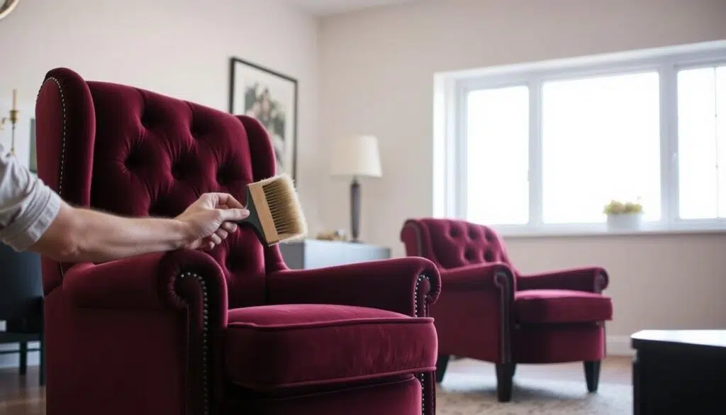 A cozy living room setting with a pair of elegant, deep-tufted velvet armchairs in a rich burgundy hue. The chairs are positioned in front of a large window, allowing natural light to stream in and create a warm, inviting atmosphere. The chairs are being gently brushed with a soft-bristle upholstery brush, demonstrating the proper technique for maintaining the luxurious velvet fabric. The background features a minimalist decor, with clean lines and muted tones to keep the focus on the chairs and the maintenance process. The lighting is soft and diffused, creating a serene and calming mood.