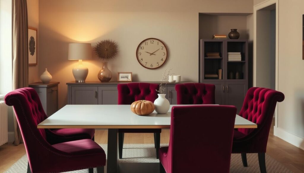 A cozy living room with a set of luxurious velvet dining chairs, their deep burgundy hue accentuated by warm, soft lighting. The chairs are positioned around a sleek, modern table, creating an inviting atmosphere perfect for an intimate gathering. The chairs have a plush, button-tufted design, giving them a timeless, high-quality appearance. The room is framed by neutral-toned walls and accented with muted, earthy decor, allowing the velvet chairs to be the focal point. The lighting is subtle, creating a sense of comfort and elegance, highlighting the rich texture of the velvet. The overall scene conveys a sense of affordable sophistication, suggesting these velvet chairs offer an excellent value proposition.