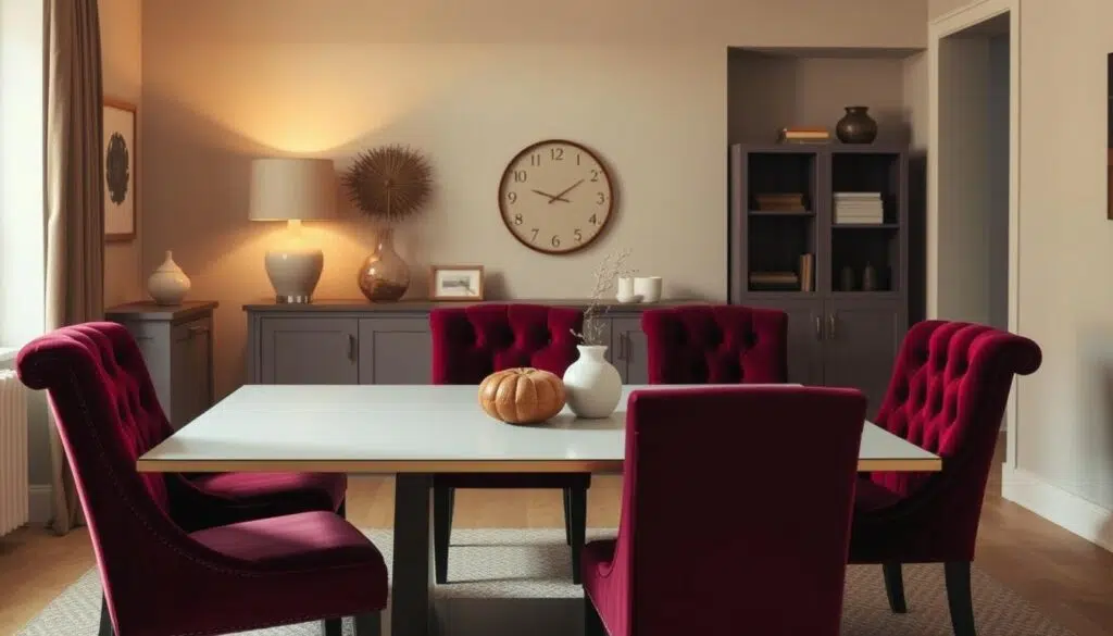 A cozy living room with a set of luxurious velvet dining chairs, their deep burgundy hue accentuated by warm, soft lighting. The chairs are positioned around a sleek, modern table, creating an inviting atmosphere perfect for an intimate gathering. The chairs have a plush, button-tufted design, giving them a timeless, high-quality appearance. The room is framed by neutral-toned walls and accented with muted, earthy decor, allowing the velvet chairs to be the focal point. The lighting is subtle, creating a sense of comfort and elegance, highlighting the rich texture of the velvet. The overall scene conveys a sense of affordable sophistication, suggesting these velvet chairs offer an excellent value proposition.