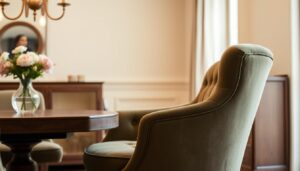 A cozy, luxurious velvet swivel armchair in a warm, inviting dining room. The chair has a plush, button-tufted backrest and a gently curved silhouette, offering both style and comfort. Soft, diffused lighting from a nearby chandelier casts a warm glow, highlighting the rich, velvety texture of the upholstery. The chair is positioned near a wooden dining table, with a minimalist vase of fresh flowers adding a touch of nature. The overall scene evokes a sense of sophistication and relaxation, perfect for enjoying a leisurely meal.