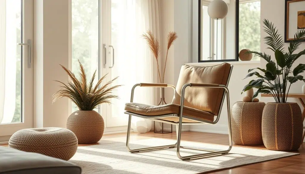 A cozy, modern interior with a sleek, chrome-framed chair taking center stage. The chair's minimalist design and clean lines complement the surrounding decor, which features a mix of natural textures and neutral tones. Soft lighting filters in through large windows, casting a warm glow and creating a relaxing, inviting atmosphere. The chair's armrests provide comfort and functionality, making it suitable for a variety of settings and users. The overall scene conveys a sense of refined simplicity, showcasing how this versatile, iconic chair design can seamlessly blend into diverse interior styles.