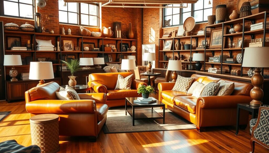 A cozy outlet store, bathed in warm, golden light streaming through large windows. Stylish cognac-colored leather armchairs and sofas are artfully arranged, inviting shoppers to relax and imagine how they'd look in their own homes. Wooden shelves display an array of decorative accents, from plush throw pillows to sleek table lamps. The atmosphere is one of refined elegance, with a touch of rustic charm. A polished hardwood floor leads the eye through the space, guiding customers towards the tantalizing deals and unique finds that await. This is the perfect setting to discover the hidden gems of the outlet, where quality and value harmonize seamlessly.