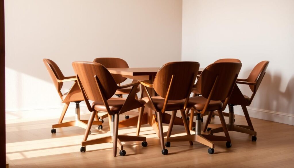 A cozy, well-lit dining room with a set of brown chairs with rolling casters, arranged around a wooden table. The chairs have a classic, mid-century modern design with curved backs and tapered legs, crafted from warm-toned wood. The chairs are positioned in a natural, conversational arrangement, inviting relaxed interactions. Soft, directional lighting casts a gentle glow, highlighting the furniture's textures and creating a welcoming ambiance. In the background, a neutral-toned wall provides a clean, uncluttered backdrop, allowing the &quot;Nieuwe Sfeer&quot; furniture to take center stage. The overall scene conveys a sense of comfort, adaptability, and a touch of retro-inspired elegance.