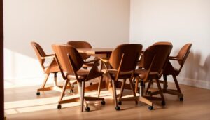 Een groep van zeven bruine eetkamerstoelen met wielen omringt een houten tafel in een lichte kamer met lichtgekleurde muren en een houten vloer. Zonlicht stroomt naar binnen, accentueert de warme kleur bruin en werpt zachte schaduwen.