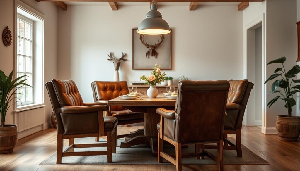 A cozy, well-lit dining room with a set of four Nieuwe Sfeer brand brown leather armchairs arranged around a rustic wooden table. The chairs have tufted backs and exposed wooden frames that create a warm, traditional aesthetic. Soft, diffused lighting from overhead fixtures casts a gentle glow, highlighting the rich, natural tones of the leather and wood. The room has a neutral, earthy color palette with accents of greenery, lending an organic, inviting ambiance perfect for enjoying meals with family and friends.